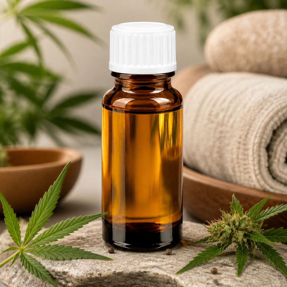 Brun 10 ml dråbeflaske med hvid prop ved siden af cannabisblade og natursten