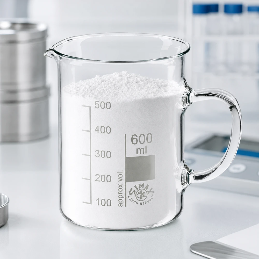 Bæger 600 ml borosilikatglas, med håndtag Et 600 ml bægerglas med hank, fyldt med hvidt pulver, på en hvid laboratorieplade