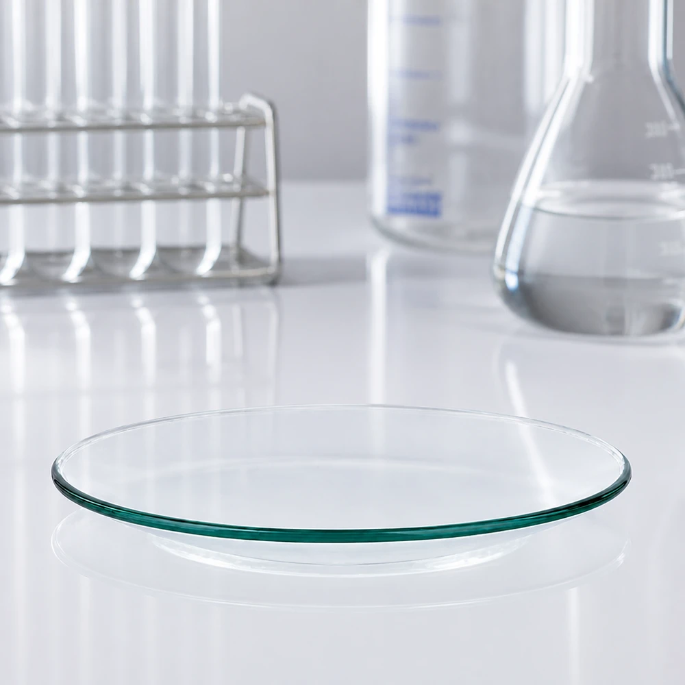 Urglasskål Ø 90 mm Tom urglasskål med en diameter på 90 mm lavet af gennemsigtigt laboratorieglas på en hvid overflade