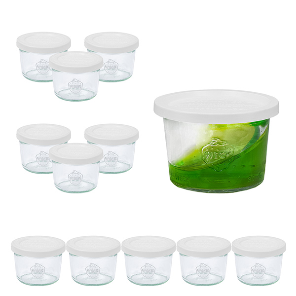 Sæt med 12 Weck-krukker 80 ml Briller med 12 plastlåg Sæt med 12 Weck-krukker 80 ml Briller med 12 plastlåg