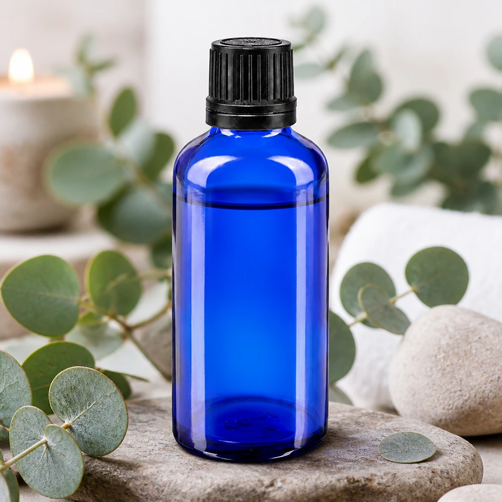 Koboltblå 50 ml glasflaske med sort skruelåg på natursten med eukalyptusgrene