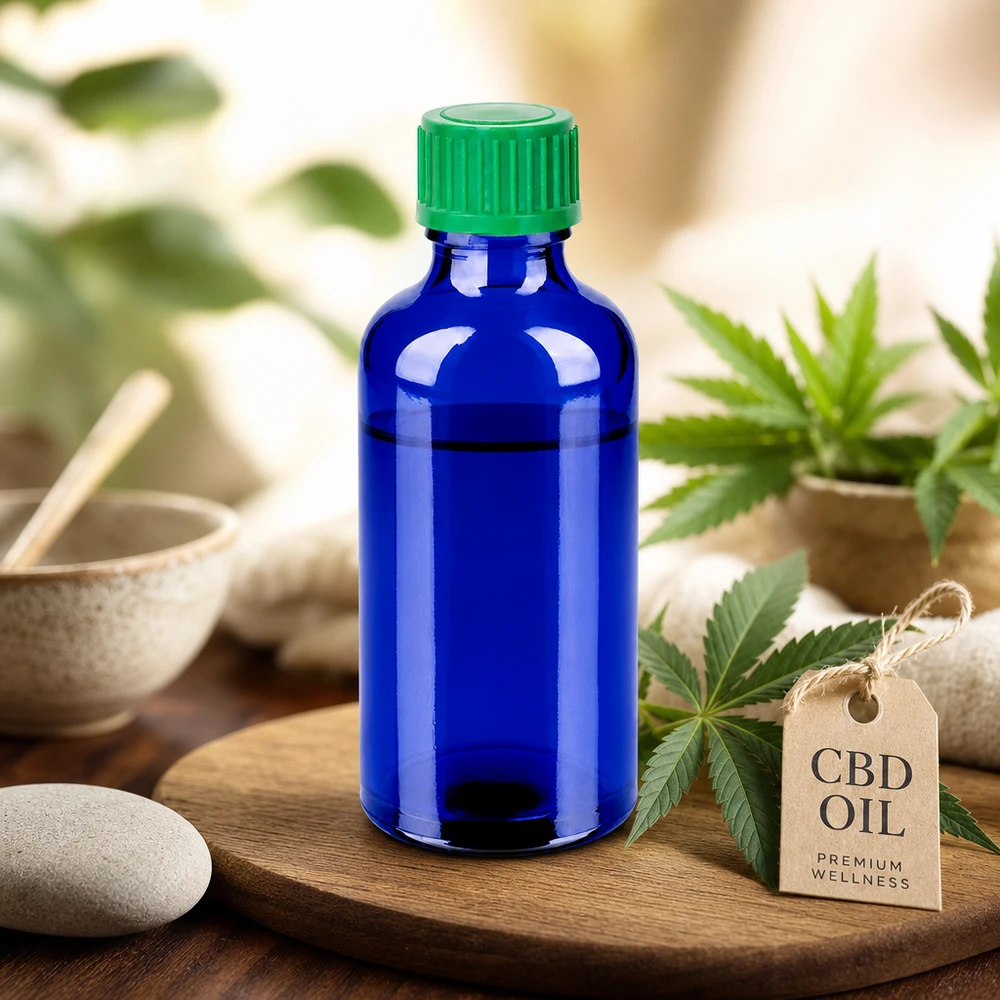Kompakt 50 ml dråbeflaske i elegant blå til mobil brug af CBD-olie og -ekstrakter