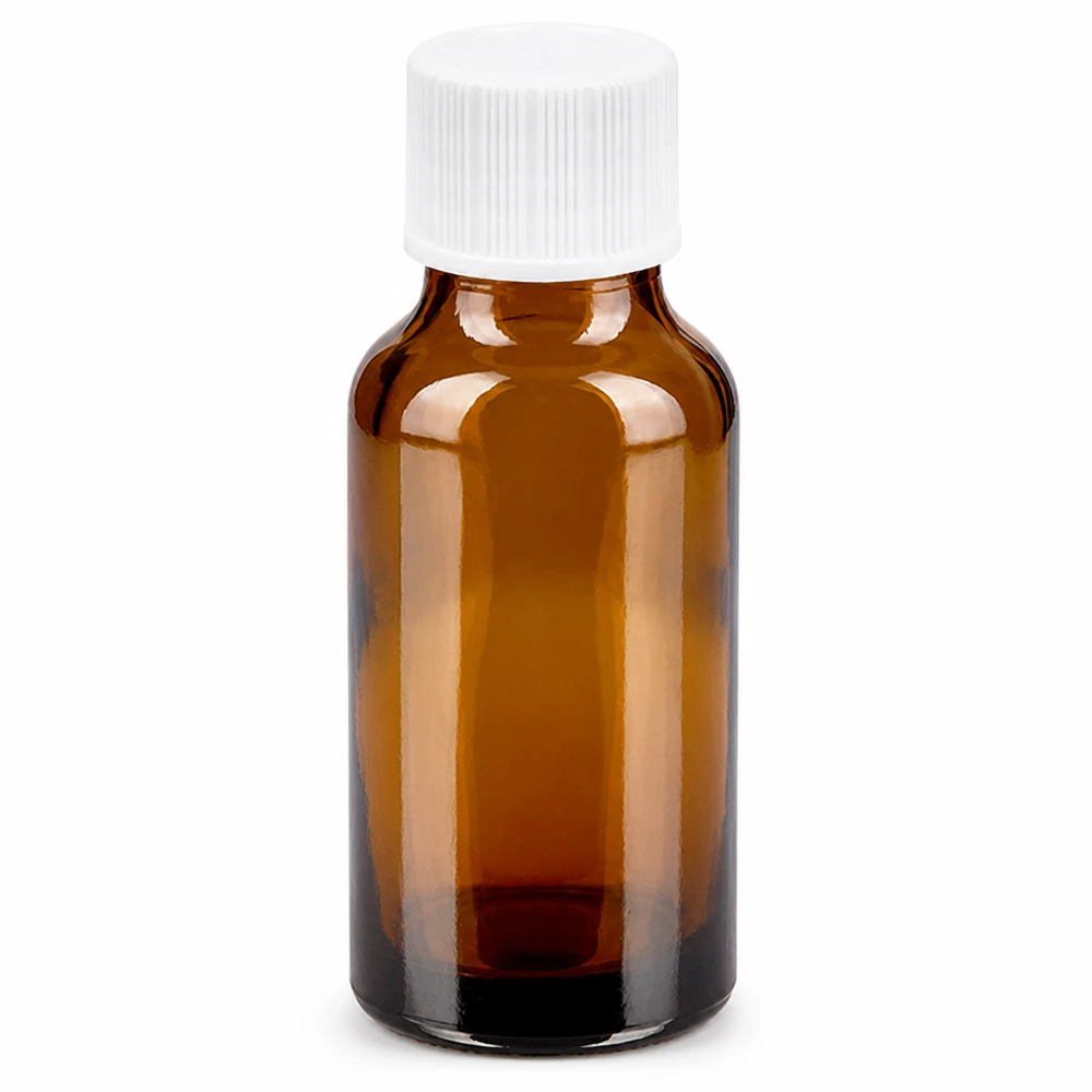 20 ml flaske 11 mm SV hvid STD BrownLine UT18/20 20 ml ravfarvet glasflaske med hvidt skruelåg til medicin og kosmetik
