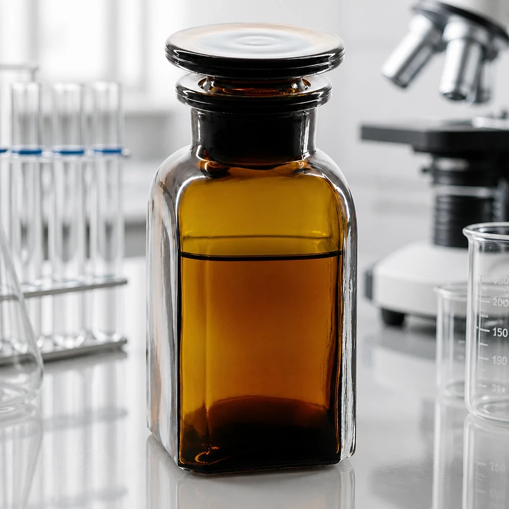 Firkantet flaske 100 ml brun glasprop med bred hals Lysbeskyttelsesflaske, 100 ml, brunt glas, firkantet form med lufttæt glasprop til laboratoriekemikalier