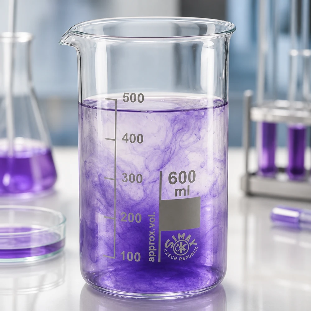 Bægerglas 600 ml borosilikatglas, høj form 600 ml begerglas, høj model, borosilikatglas med violet væske og skala i laboratoriet
