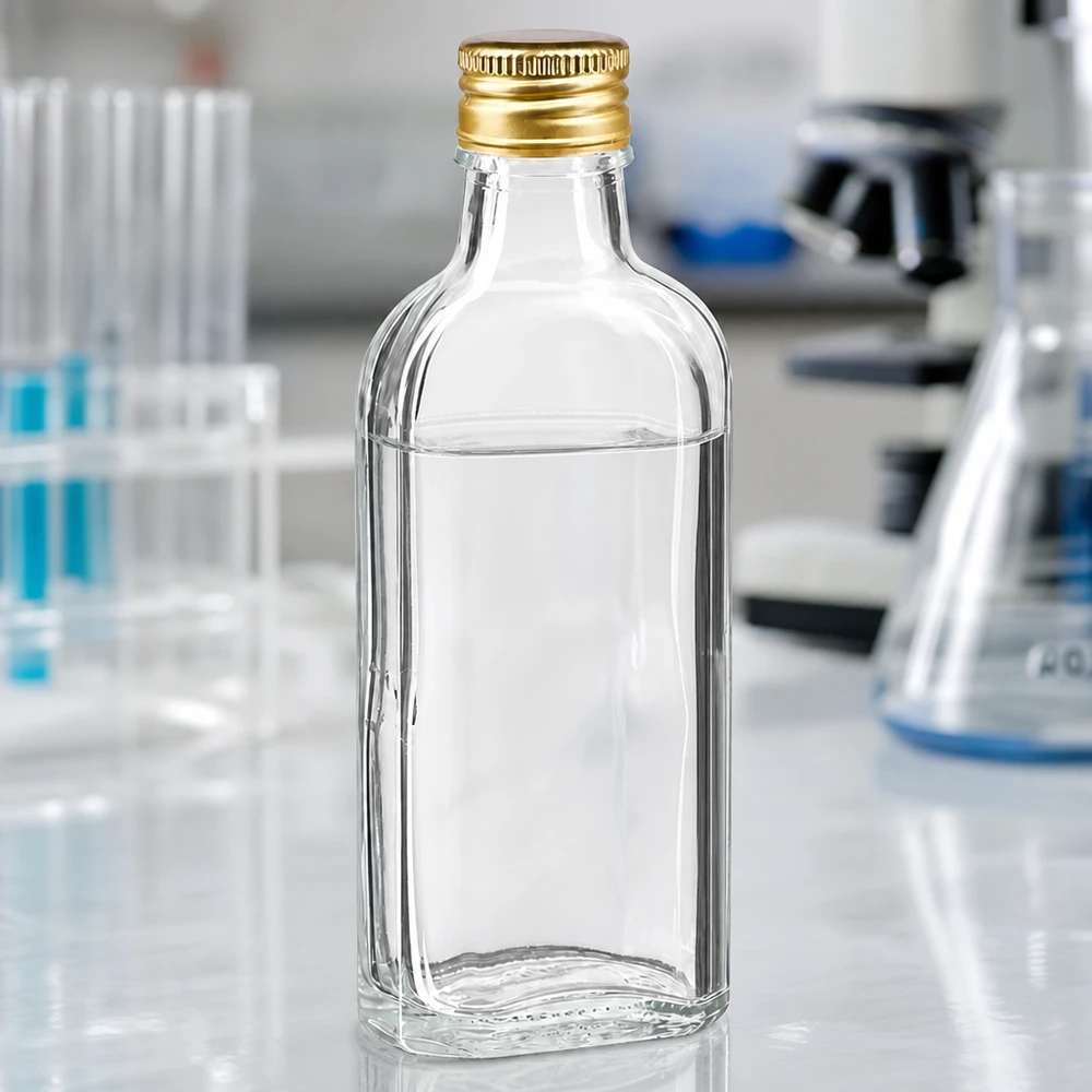 Gennemsigtig 100 ml Meplat-flaske med gylden aluminiumsskruelåg (PP22) til brug i laboratoriemiljøet