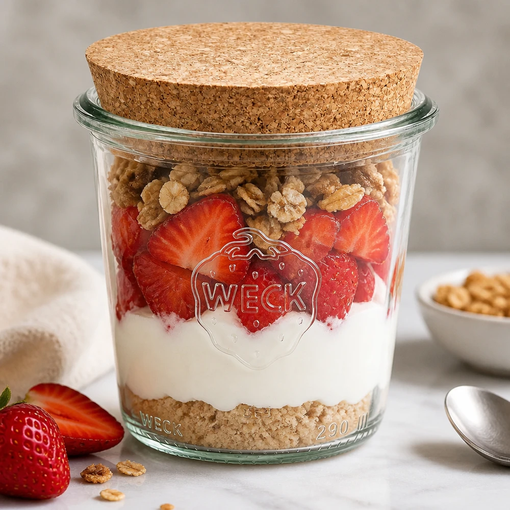 290 ml høje Briller WECK RR80 med kork natur WECK-bægre 290 ml RR80 med korklåg som dessertglas fyldt i lag med jordbær, yoghurt og nødder