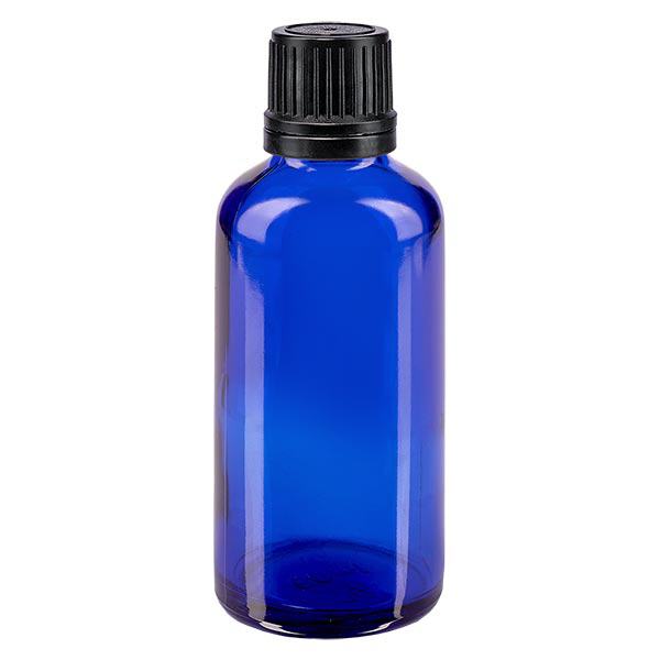 Apoteksflaske blå 50ml skruelåg sort hældeprop r. OV Apoteksflaske blå 50ml skruelåg sort hældeprop r. OV