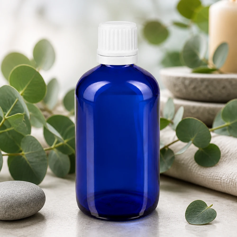 Apotekerflaske på 100 ml i blå med hvidt dråbehoved mellem eukalyptusgrene og spa-sten