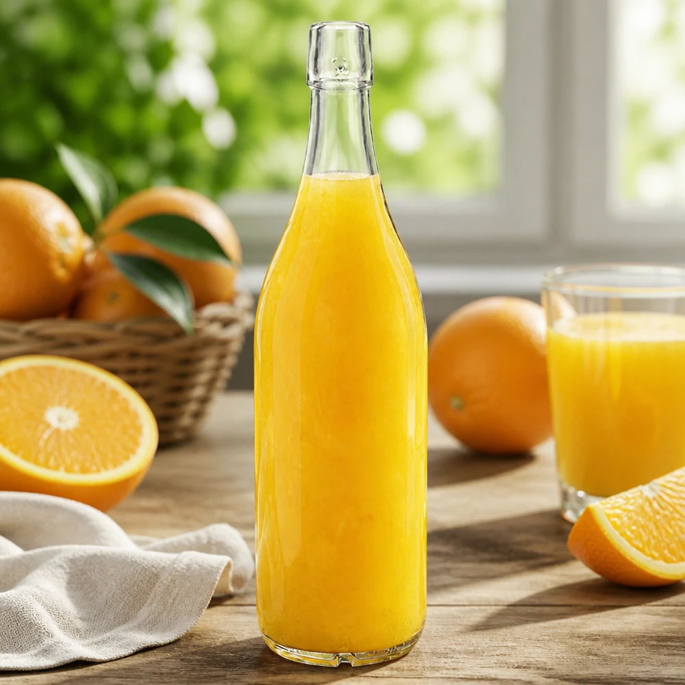 1000 ml glasflaske uden skruelåg UNiTWIST Glasflaske 1000 ml UNiTWIST fyldt med appelsinjuice friske appelsiner køkkenbord naturligt lys sundt
