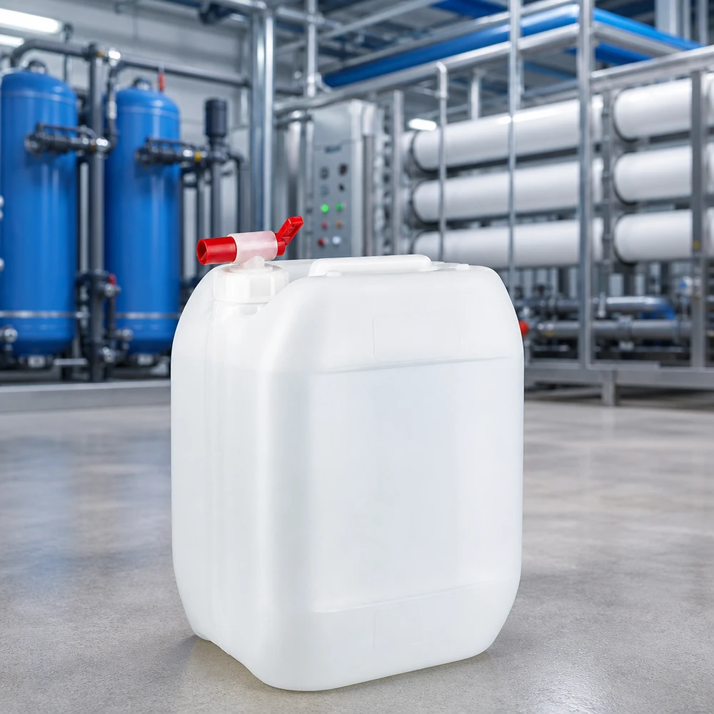 Beholder 10 liter med aftapningshane Hvid 10-liters dunk med rødt udløbshan foran et industrielt vandrensningsanlæg
