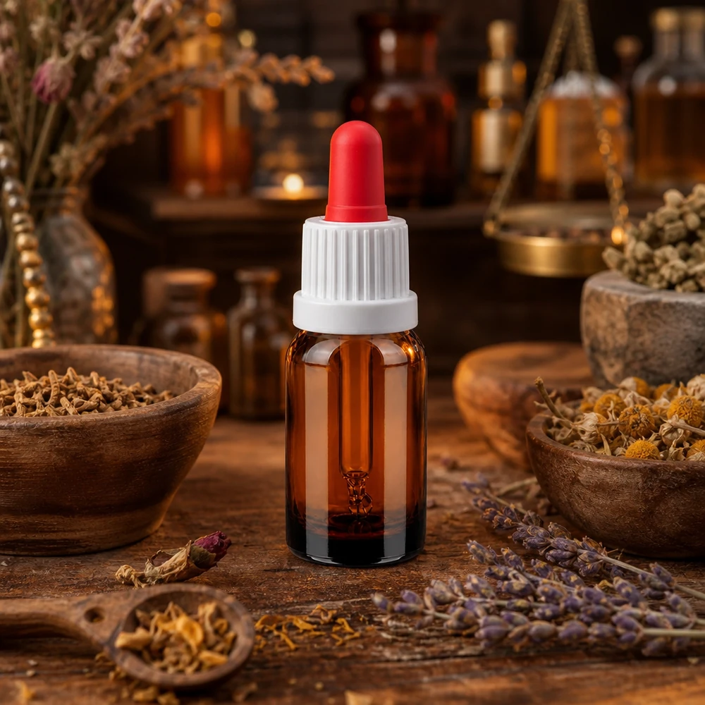 10 ml pipetteflaske hvid/rød OV BrownLine UT18/10 Lille 10 ml pipetteflaske med rød dråbetæller, ideel til aromaterapi og naturmedicin