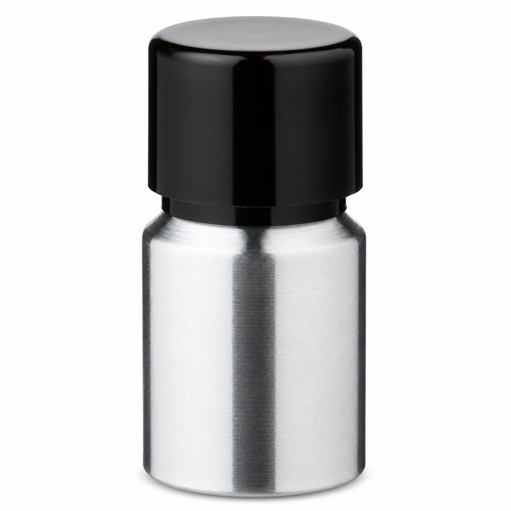 10 ml flaske i poleret aluminium med skruelåg 10 ml aluminiumsflaske med sort skruelåg af poleret aluminium til æteriske olier