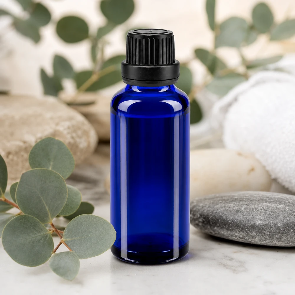 Koboltblå 30 ml dråbeflaske af apotekerglas med børnesikret originalitetslåg i sort