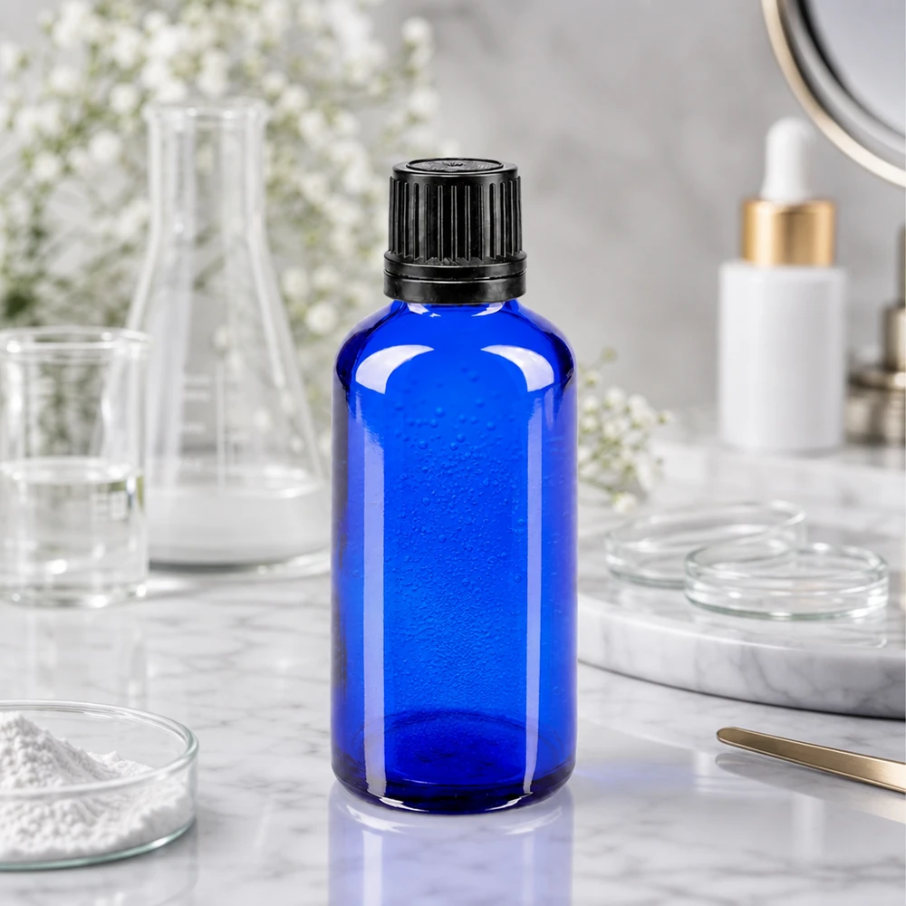 Apoteksflaske blå 50ml skruelåg sort hældeprop r. OV Blå 50 ml apotekerflaske af glas med sort originalprop i et videnskabeligt laboratoriemiljø