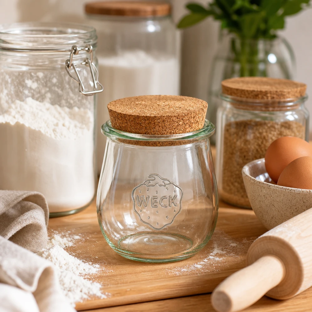 220 ml tulipankrukke WECK RR60 med kork natur WECK tulipankrukke 220 ml RR60 med korklåg i rustikt køkken med bageingredienser, mel og æg på træplade