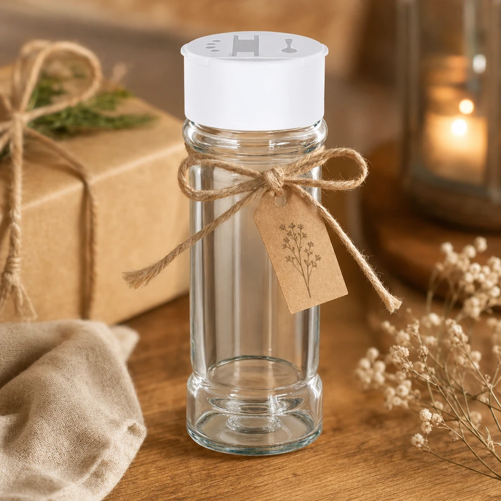 Salt-/krydderikrukke 100 ml med dobbelt strøer, hvid Salt- og peberglas på 100 ml med hvid dobbeltstøver, dekoreret med en jutesløjfe som en rustik gave