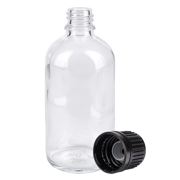 100 ml (kugle)Flas. 3mm GR s. STD ClearL. UT18/100 Gennemsigtig 100 ml globulflaske af klart glas med sort plastlåg