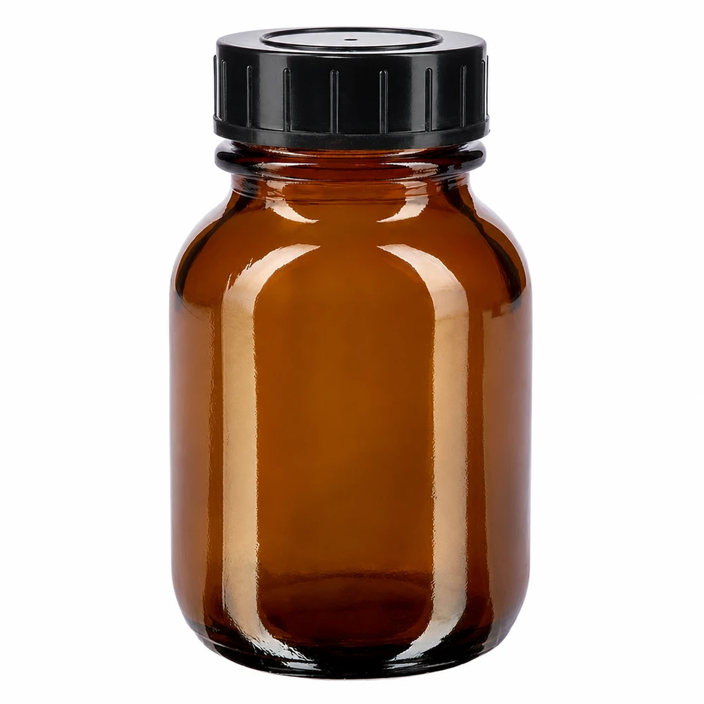 50 ml flaske med bred hals i ravfarvet glas med skruelåg 50 ml flaske med bred hals lavet af ravfarvet glas med sort skruelåg til sikker opbevaring