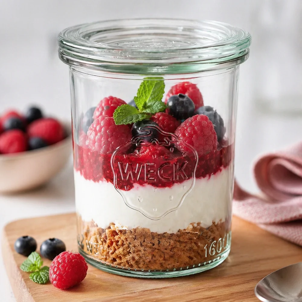 160 ml krukke med glaslåg WECK RR60 WECK 160 ml murerbalje fyldt med dessert lavet af kiksebund, fløde og bær som et anvendelseseksempel