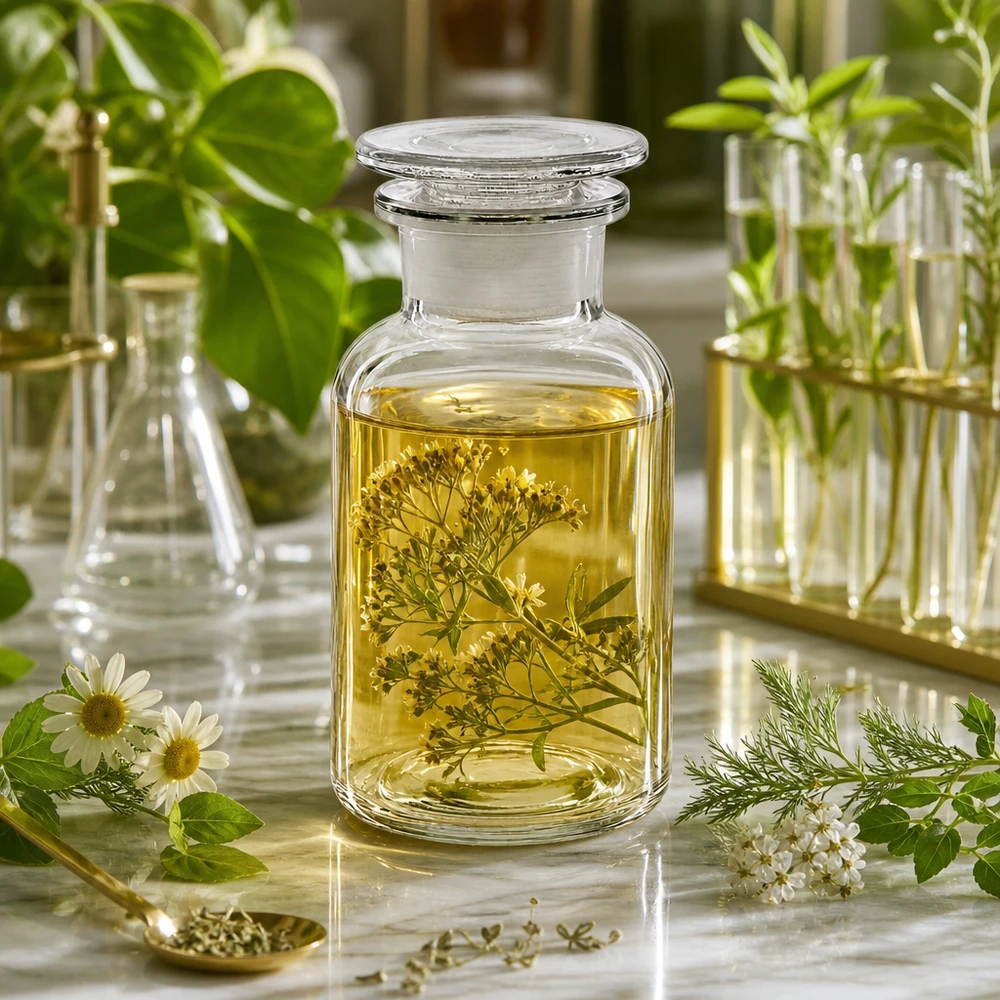 Rund skulderflaske 250 ml klar glasprop med bred hals Gennemsigtig apotekerflaske på 250 ml med glasprop og botaniske urter på marmor