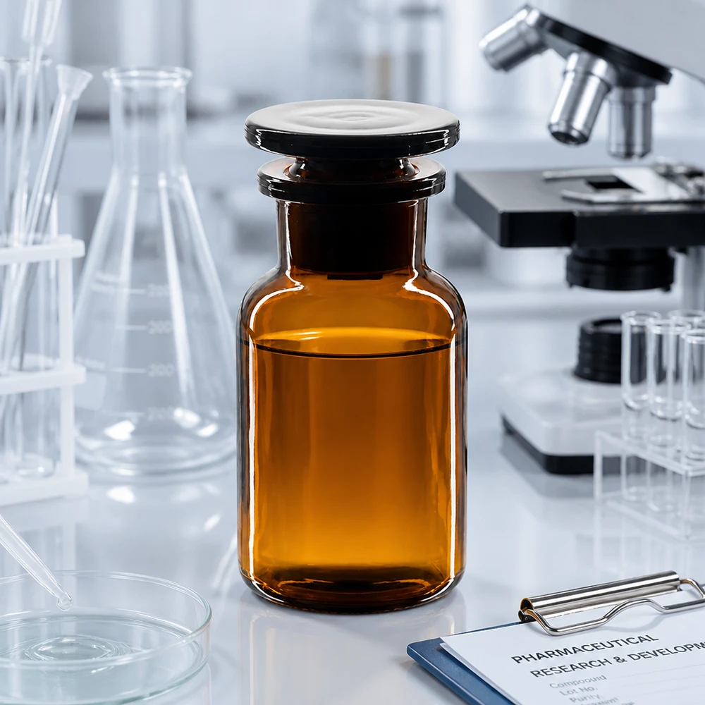 Rund skulderflaske 100 ml brun glasprop med bred hals Farmaceutisk brun glasflaske på 100 ml med bred hals og glasprop på et hvidt laboratoriebord