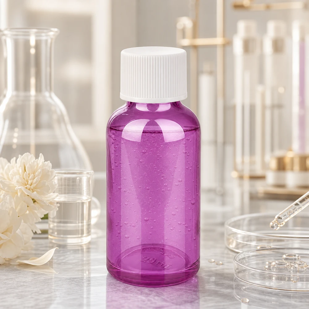 30 ml flaske 11 mm skruelåg hvid standard PurpleLine UT18/30 Lille 30 ml laboratorieflaske i transparent violet med hvidt skruelåg til prøver