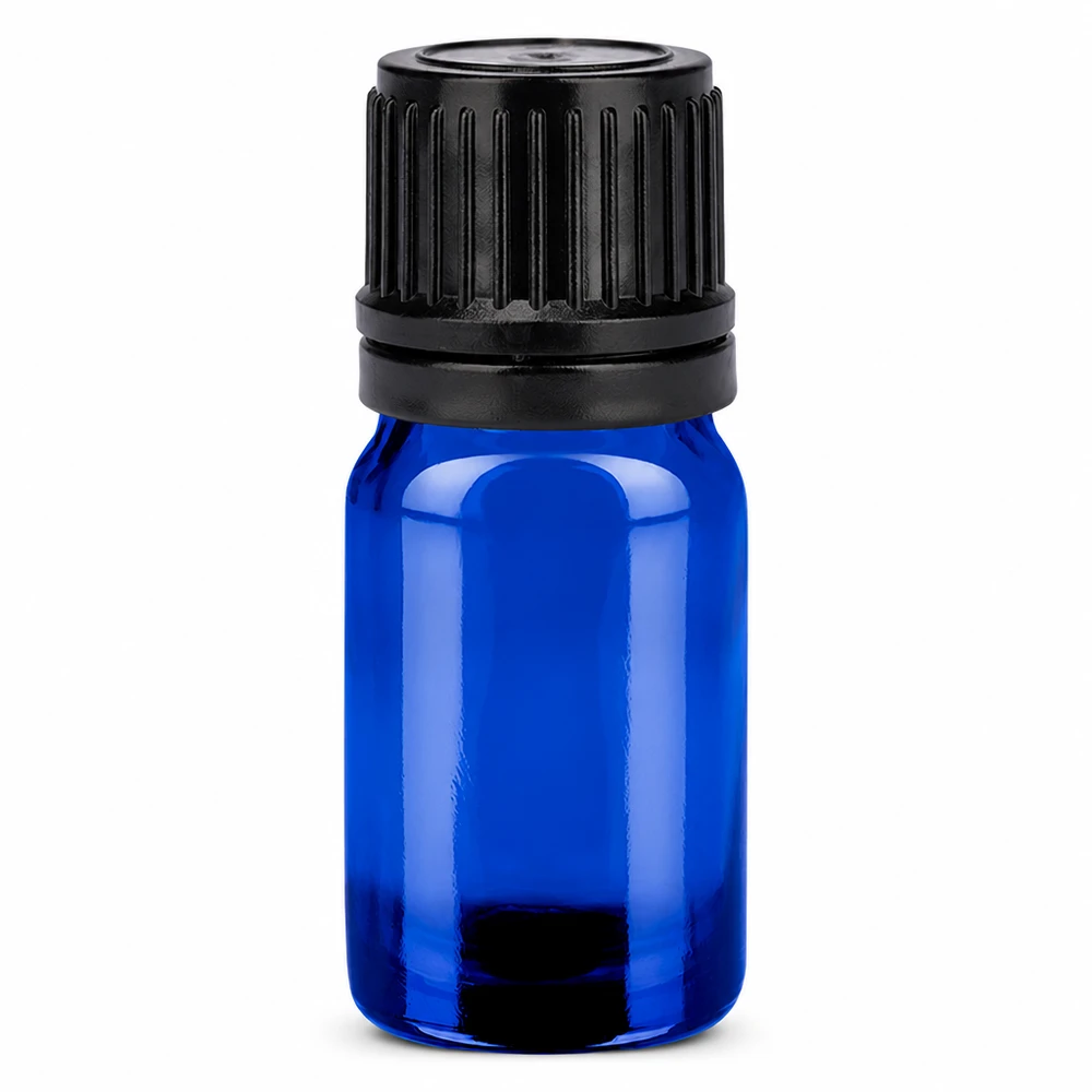 5 ml flaske 11 mm SV sort OV BlueLine UT18/5 5 ml glasflaske blå med sort skruelåg til æteriske olier og aromaterapi