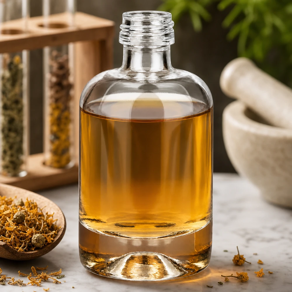 40 ml glasflaske »Sara« uden skruelåg UNiTWIST® 40 ml Sara-glasflaske med gyldengul væske i en naturlig urteagtig atmosfære med morter og tørrede blomster