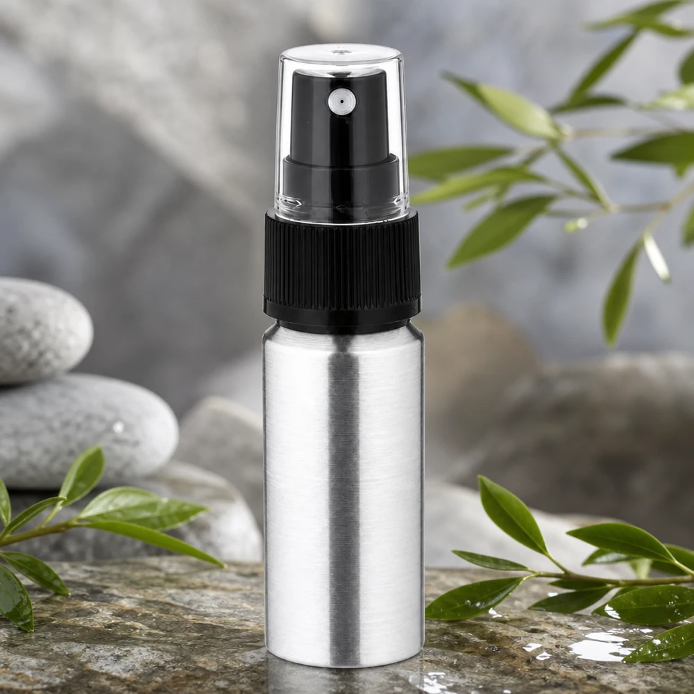 20 ml flaske i poleret aluminium med forstøver Sølvfarvet 20 ml aluminiumsflaske med forstøver - ideel til rejser og på farten takket være den kompakte størrelse
