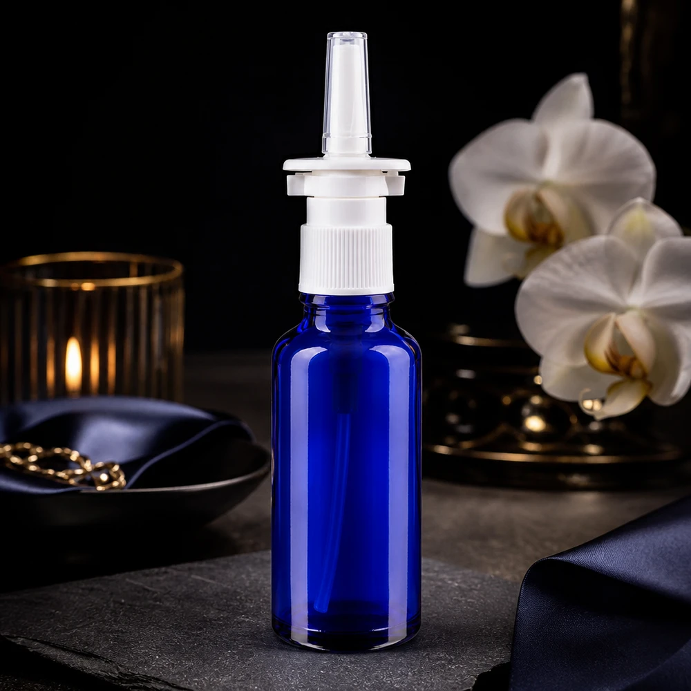Blå 30 ml apotekerglasflaske til næsespray med hvid pumpehoved og gennemsigtig påføringsspids