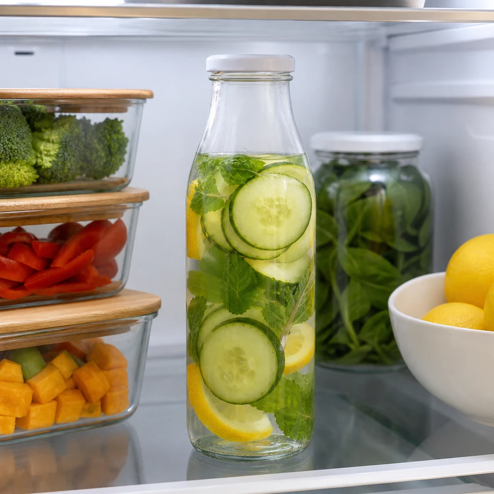 500 ml glasflaske + BasicSeal-låg hvid UNiTWIST. Absolut lækagesikker med stort TO48-låg. Til mælk, juice og limonade. 500 ml glasflaske med hvidt låg fyldt med agurk-citron-myntevand opbevaret i køleskabet