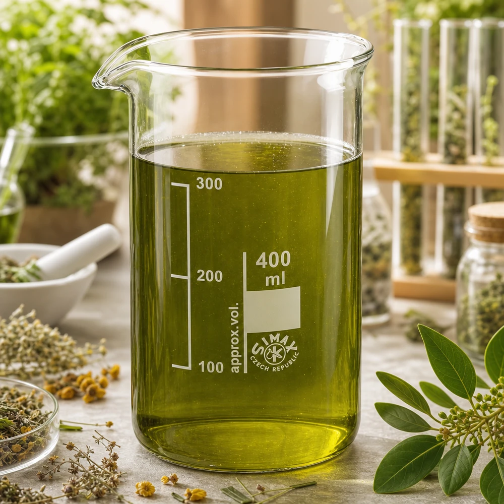Bægerglas 400 ml borosilikatglas, høj form Becherglas på 400 ml i høj form med grønt urteekstrakt omgivet af friske lægeplanter og tørrede blomster