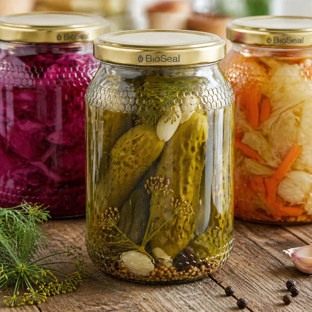 1260 g honningglas med gyldent BioSeal UNiTWIST-låg 900ml Honigglas BioSeal Deckel gold Einmachglas eingelegte Gurken Dill Gewürze Fermentation Küchenvorrat