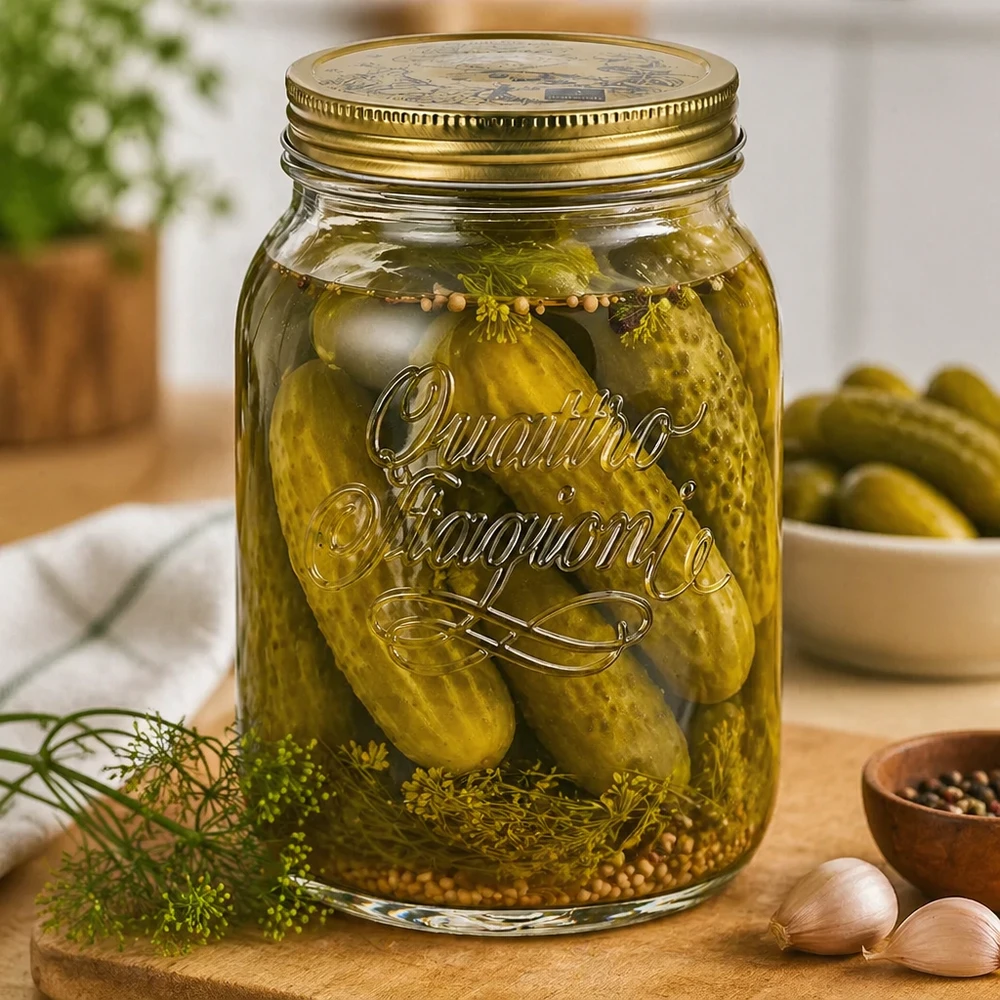 2000 ml rundt glas "Quattro Stagioni" med låg Quattro Stagioni 2 liters syltekrukke med syltede agurker og dild - syltekrukke til hjemmelavede pickles