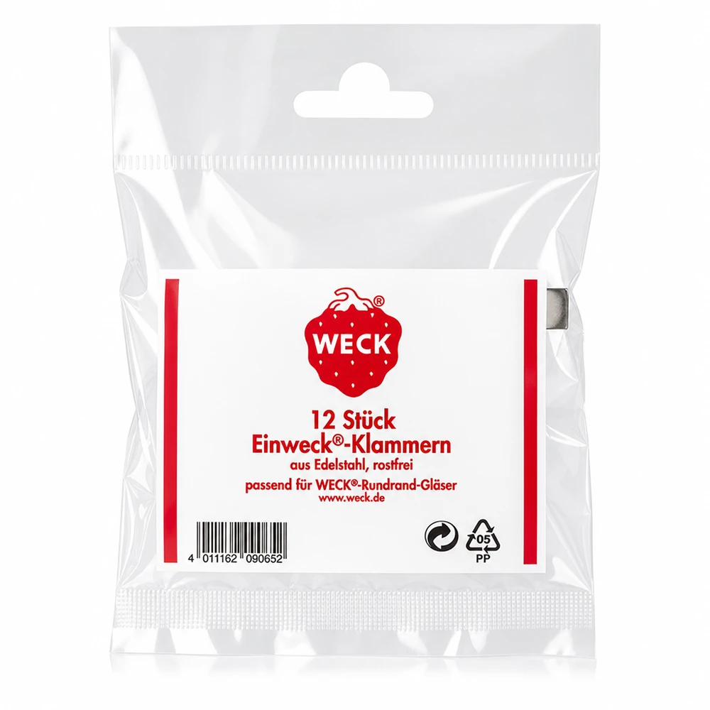 Klemmer Original WECK (Pakke(r) med 12 stk.)Bemærk: 12 stk. pr. pose WECK Klammern Verpackungsrückseite mit Produktdetails 12 Stück Edelstahl rostfrei für Rundrand Gläser Original