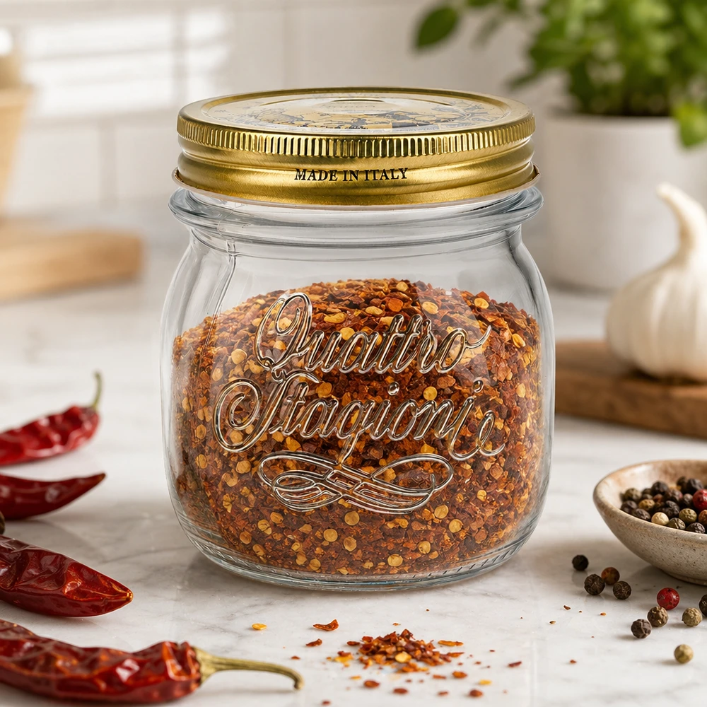 250 ml rundt glas "Quattro Stagioni" med låg 250 ml Quattro Stagioni rund krukke med gyldent låg fyldt med chilikrydderiblanding på køkkenbordet
