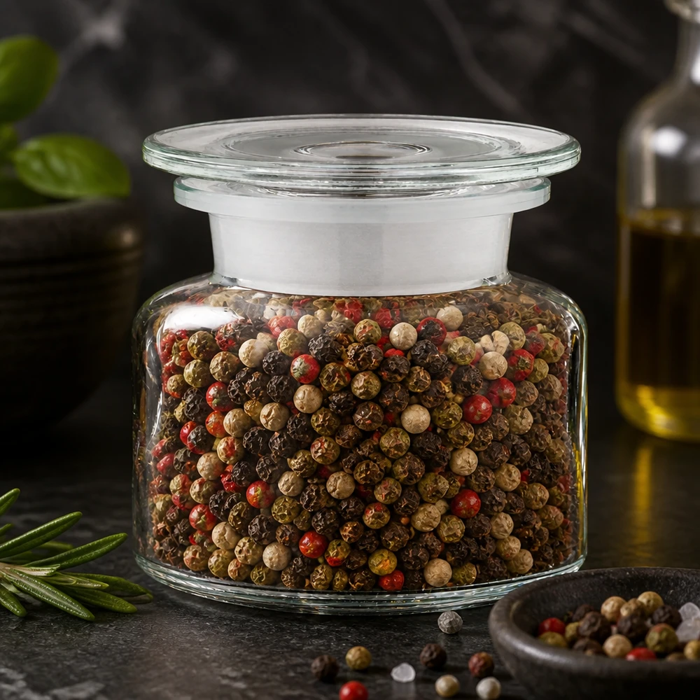 Idé til krydderiglas: Apotekerflaske 100 ml med bred hals i klart glas Apotekerflaske, 100 ml, bredhalset, klart glas, med en farverig peberblanding bestående af sorte, røde og hvide peberkorn