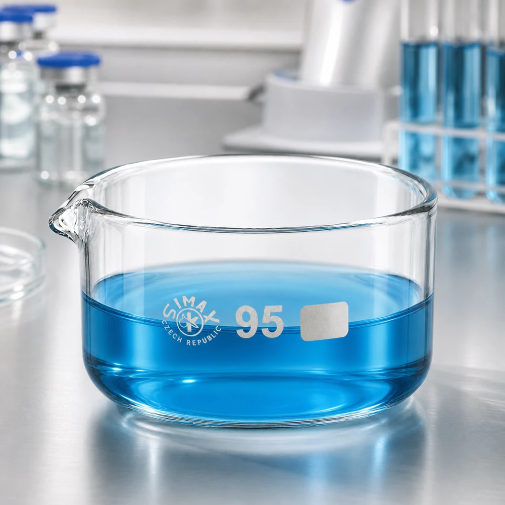Krystalliseringsskål 300 ml med borosilikat-tud Blå væske i flad laboratorieskål, 300 ml, borosilikatglas, udløb ø 95 mm, SIMAX