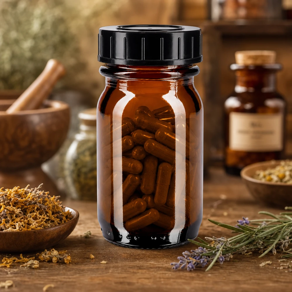 30 ml flaske med bred hals i ravfarvet glas med skruelåg 30 ml apoteksflaske lavet af UV-beskyttende ravfarvet glas med praktisk skruelåg