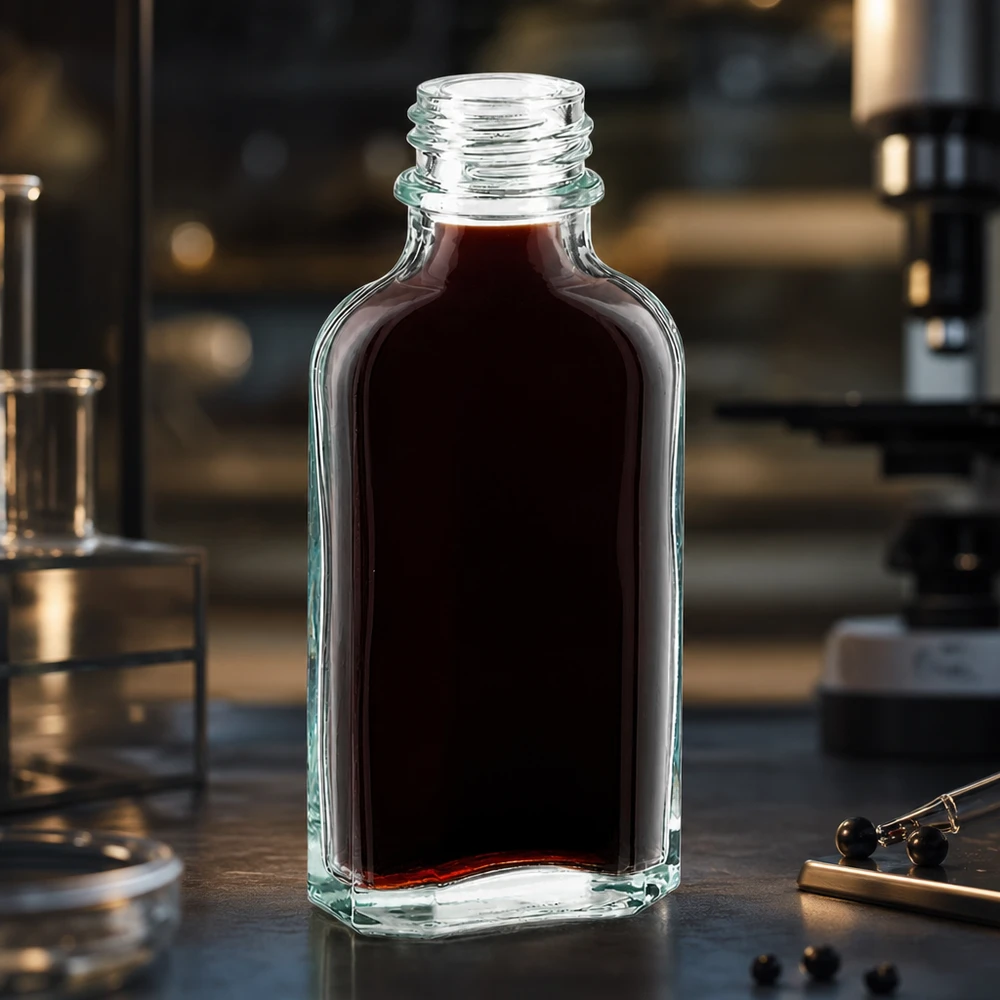 50 ml gennemsigtig flaske med flad bund, mørkerødt indhold og DIN22-skruelåg