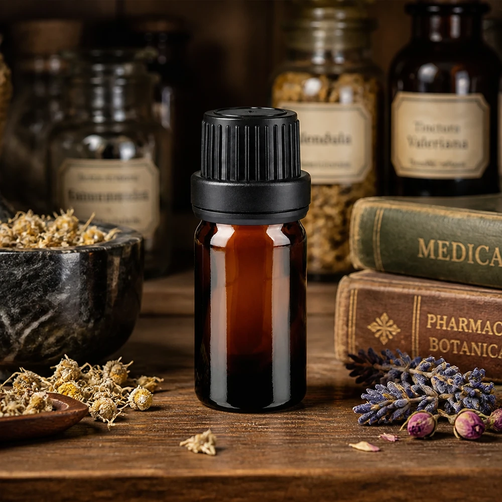 5 ml apotekerflaske af brunt glas med sort 11 mm originalitetslukning fra historiske urtebøger