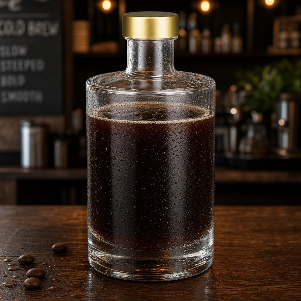 375 ml glasflaske Sam + skruelåg guld UNiTWIST® 375ml Glasflasche Sam mit Kaffeespezialität gefüllt goldener Schraubverschluss UNiTWIST Café Atmosphäre Kaltgetränk