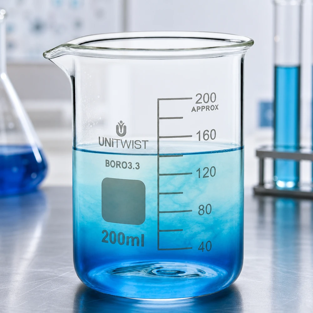 Bæger 200 ml borosilikat, lav skimmel UNiTWIST Gennemsigtigt laboratoriebæger på 200 ml med skala op til 200 ml og udløbsrør af borosilikatglas 3.3