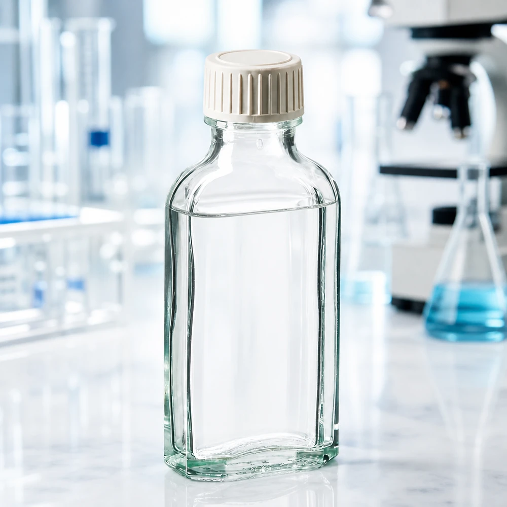 Gennemsigtig 50 ml Meplat-glasflaske med hvid plastprop i laboratoriet