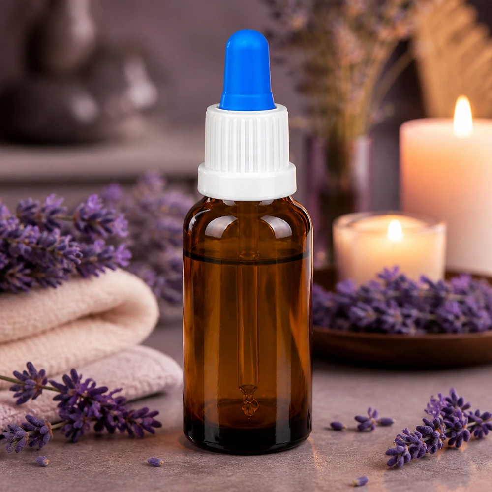 20 ml pipetteflaske hvid/blå OV BrownLine UT18/20 20 ml ravfarvet glasflaske med blå spids, ideel til æteriske olier og aromaterapi