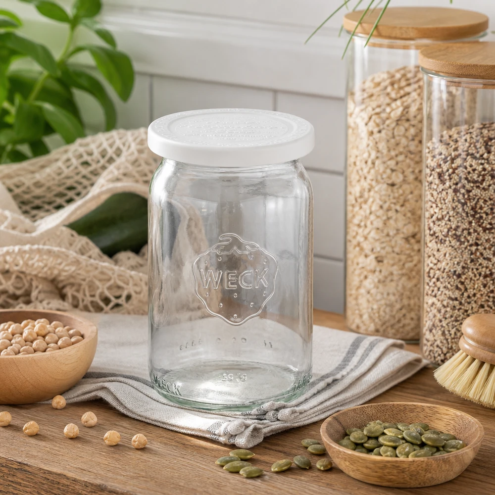 145 ml cylindrisk krukke med friskhedslåg. WECK RR40 WECK RR40 cylindrisk krukke 145 ml tom med friskhedslåg i naturkøkken mellem bælgfrugter og opbevaringskrukker