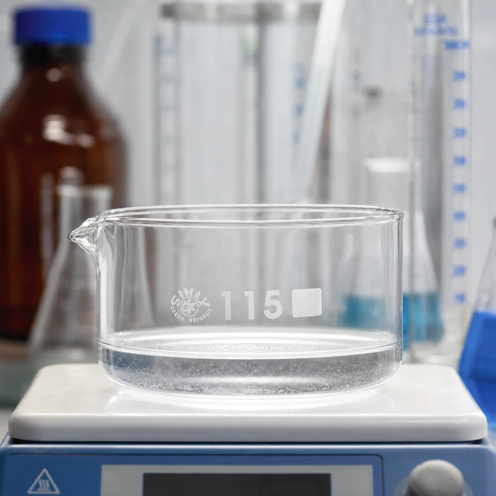 Krystalliseringsskål 500 ml med borosilikat-tud Tom krystalliseringsskål 500 ml SIMAX på magnetomrører i laboratoriet, borosilikatglas, ø 115 mm