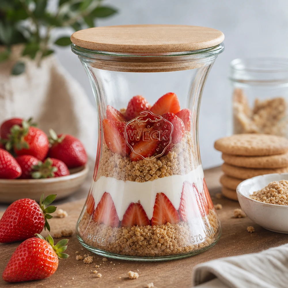 WECK delikatesseglas 370 ml RR80 med trælåg fyldt med jordbær, granola og yoghurt som en lagdelt dessert
