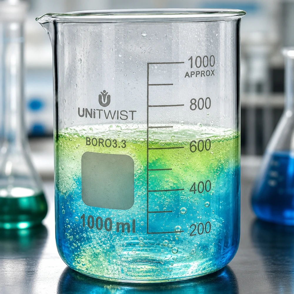 Bæger 1000 ml borosilikat, lav form UNiTWIST UNiTWIST-bæger af borosilikatglas, 1000 ml, med blågrøn væske og bobledannelse i laboratoriet